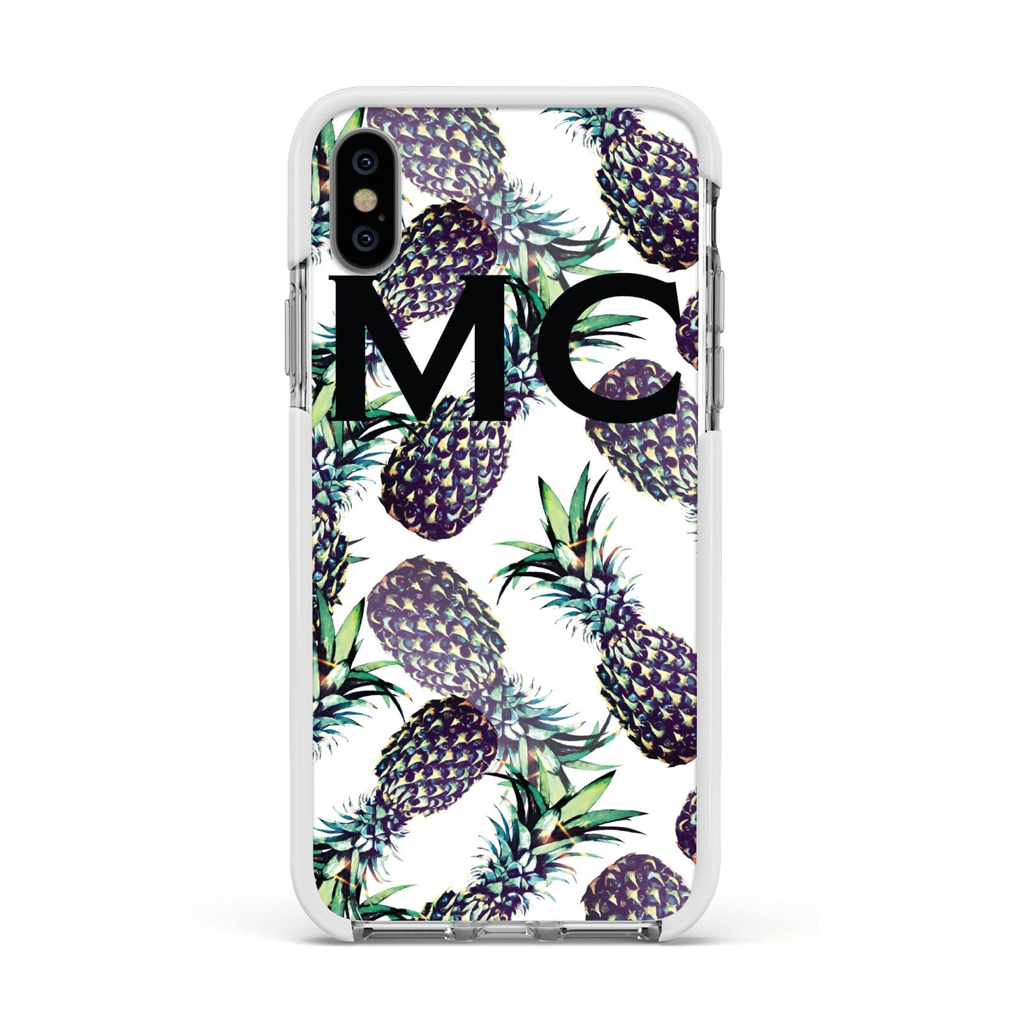 Personalised Pineapple Tropical White Apple iPhone Xs Impact Case White Edge on Silver Phone