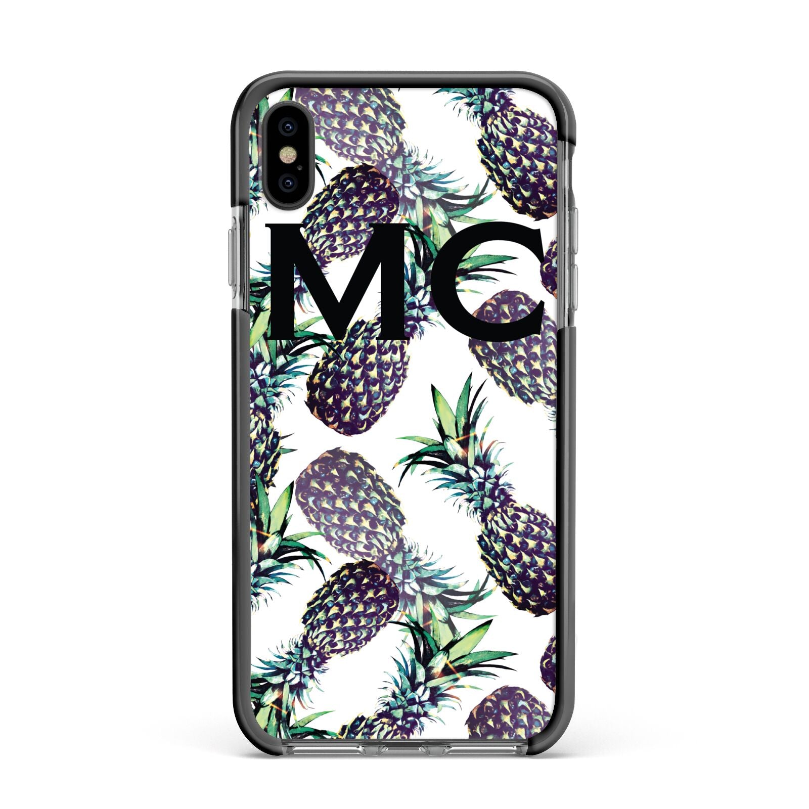 Personalised Pineapple Tropical White Apple iPhone Xs Max Impact Case Black Edge on Black Phone