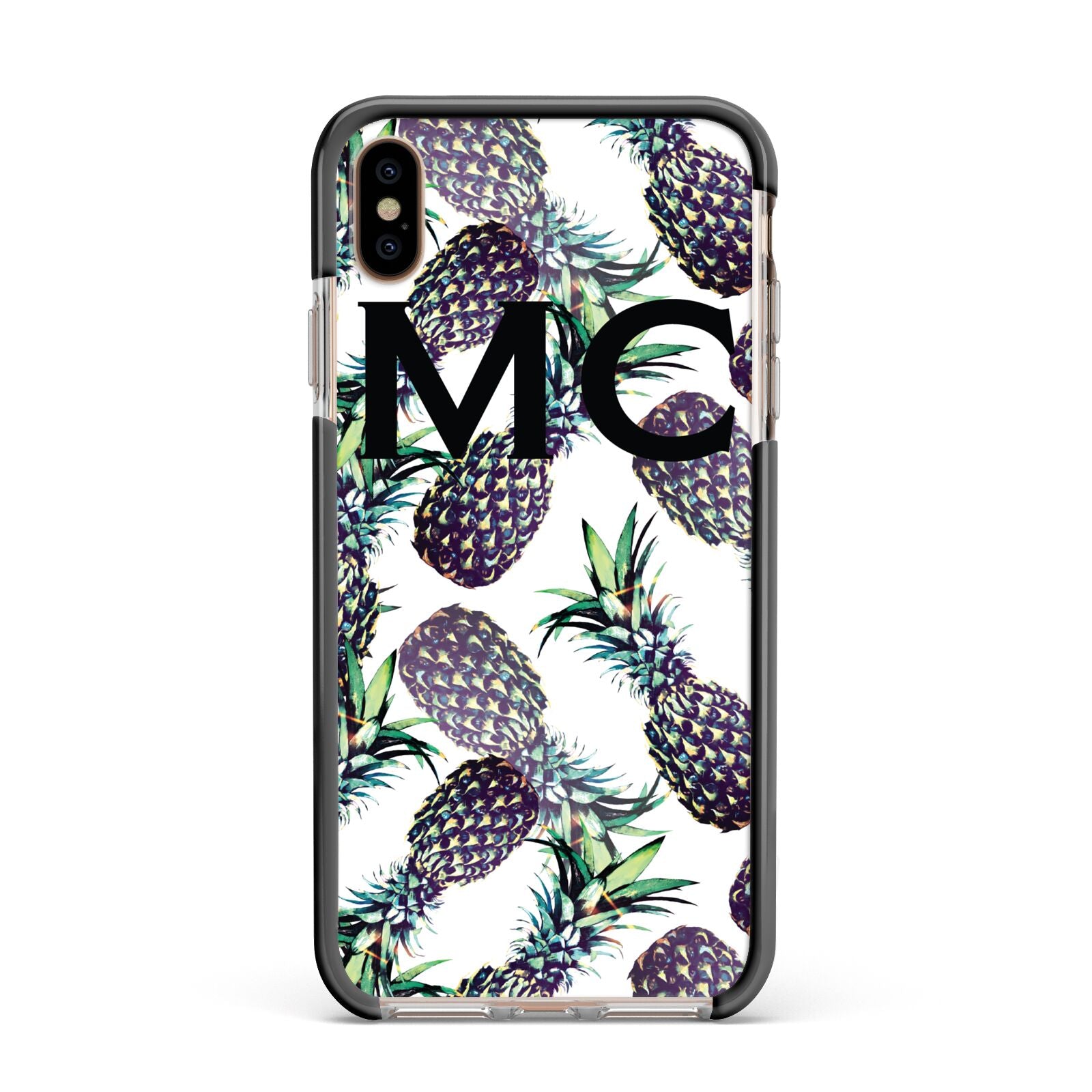 Personalised Pineapple Tropical White Apple iPhone Xs Max Impact Case Black Edge on Gold Phone