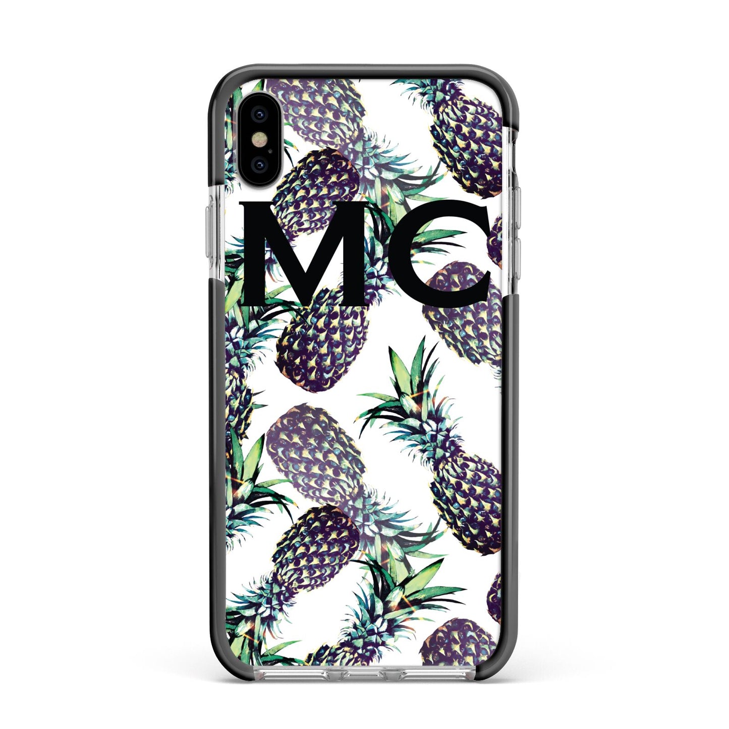 Personalised Pineapple Tropical White Apple iPhone Xs Max Impact Case Black Edge on Silver Phone