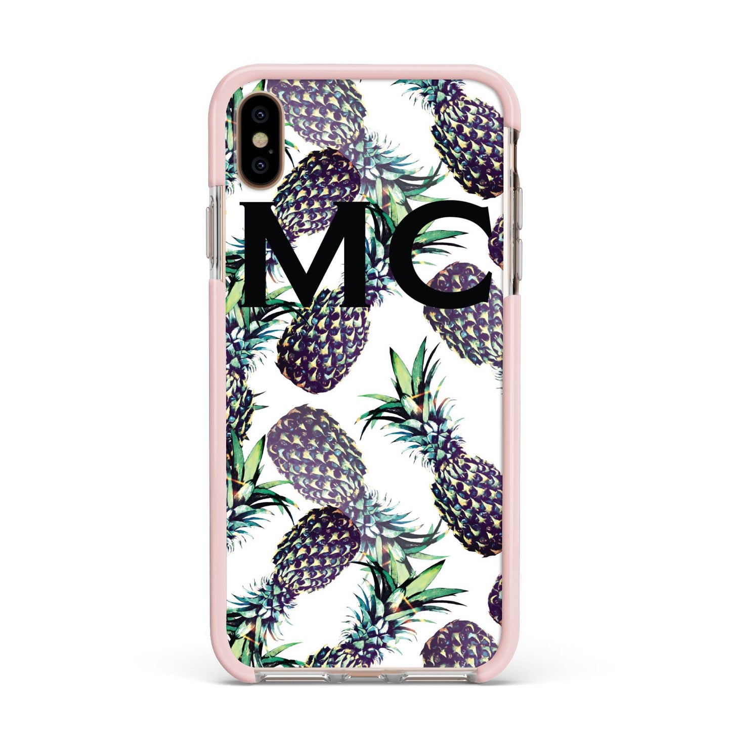 Personalised Pineapple Tropical White Apple iPhone Xs Max Impact Case Pink Edge on Gold Phone