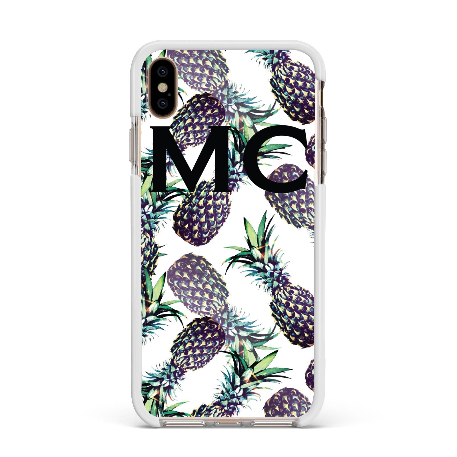 Personalised Pineapple Tropical White Apple iPhone Xs Max Impact Case White Edge on Gold Phone