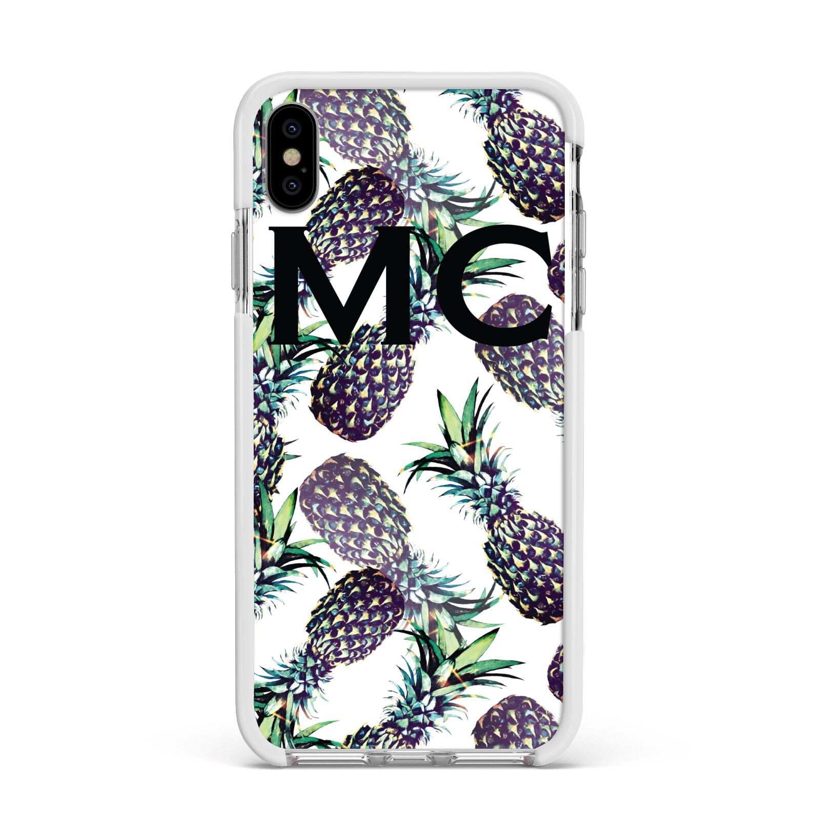 Personalised Pineapple Tropical White Apple iPhone Xs Max Impact Case White Edge on Silver Phone