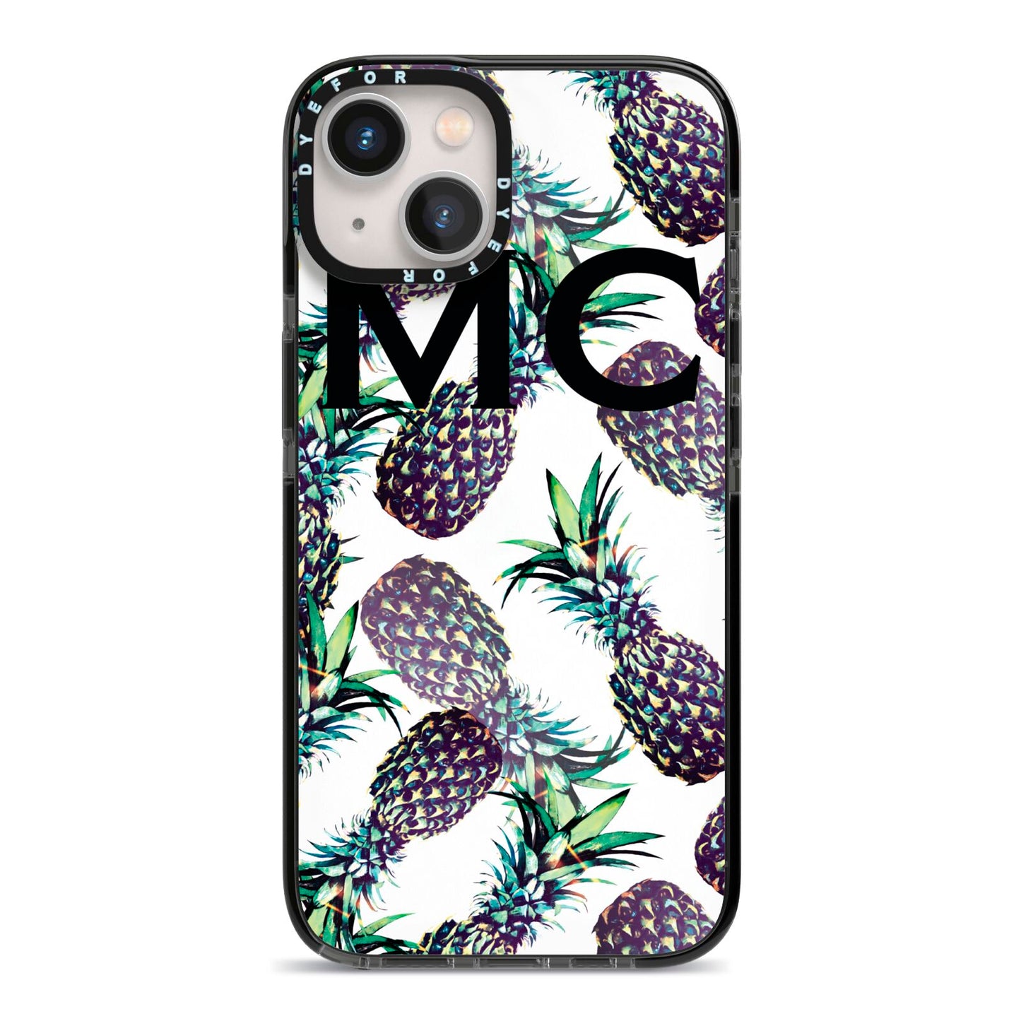 Personalised Pineapple Tropical White iPhone 13 Black Impact Case on Silver phone