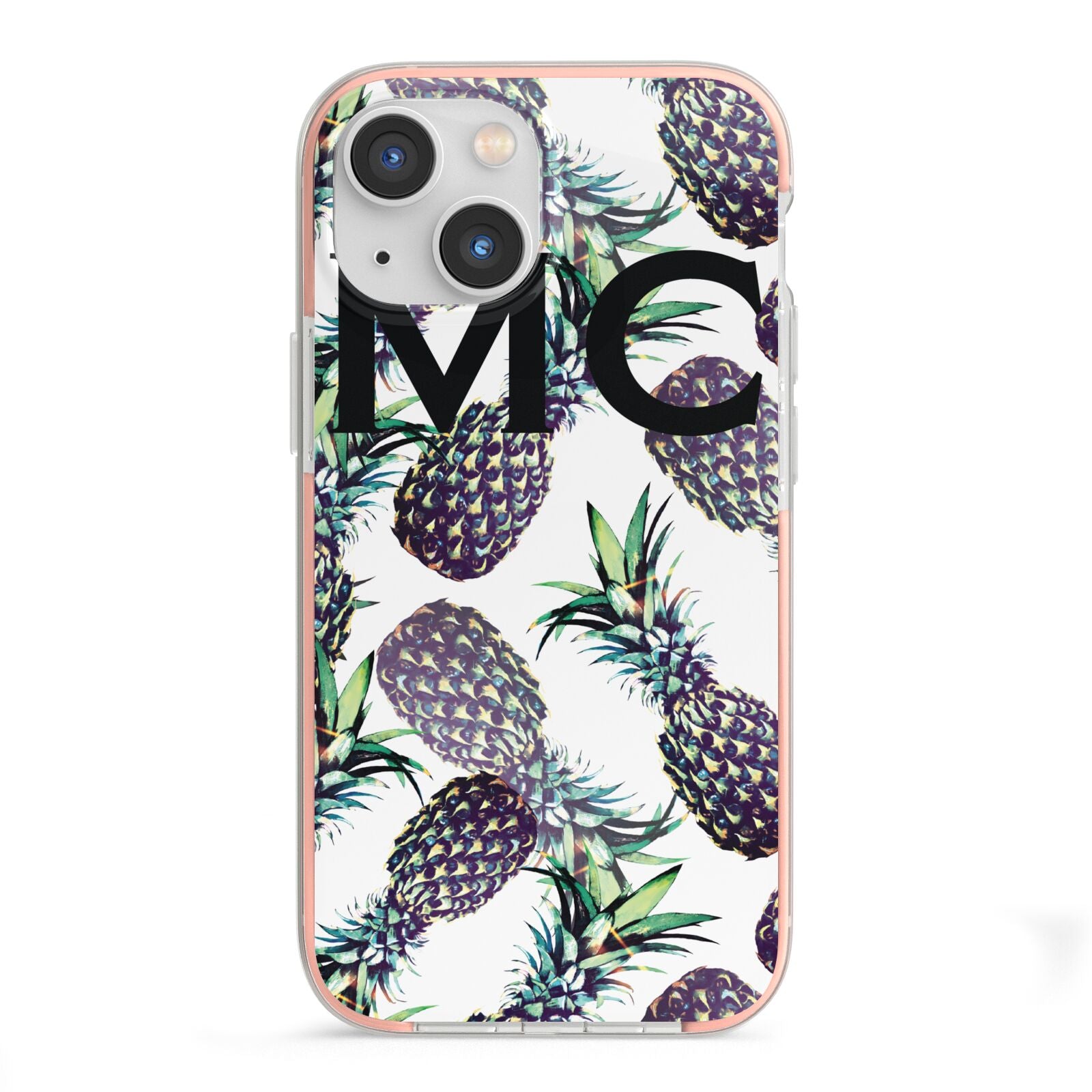 Personalised Pineapple Tropical White iPhone 13 Mini TPU Impact Case with Pink Edges