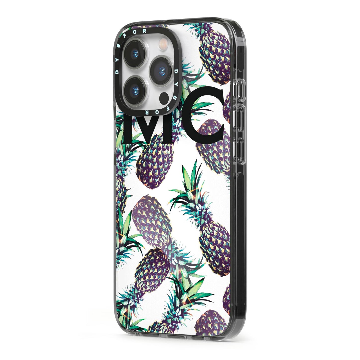 Personalised Pineapple Tropical White iPhone 13 Pro Black Impact Case Side Angle on Silver phone