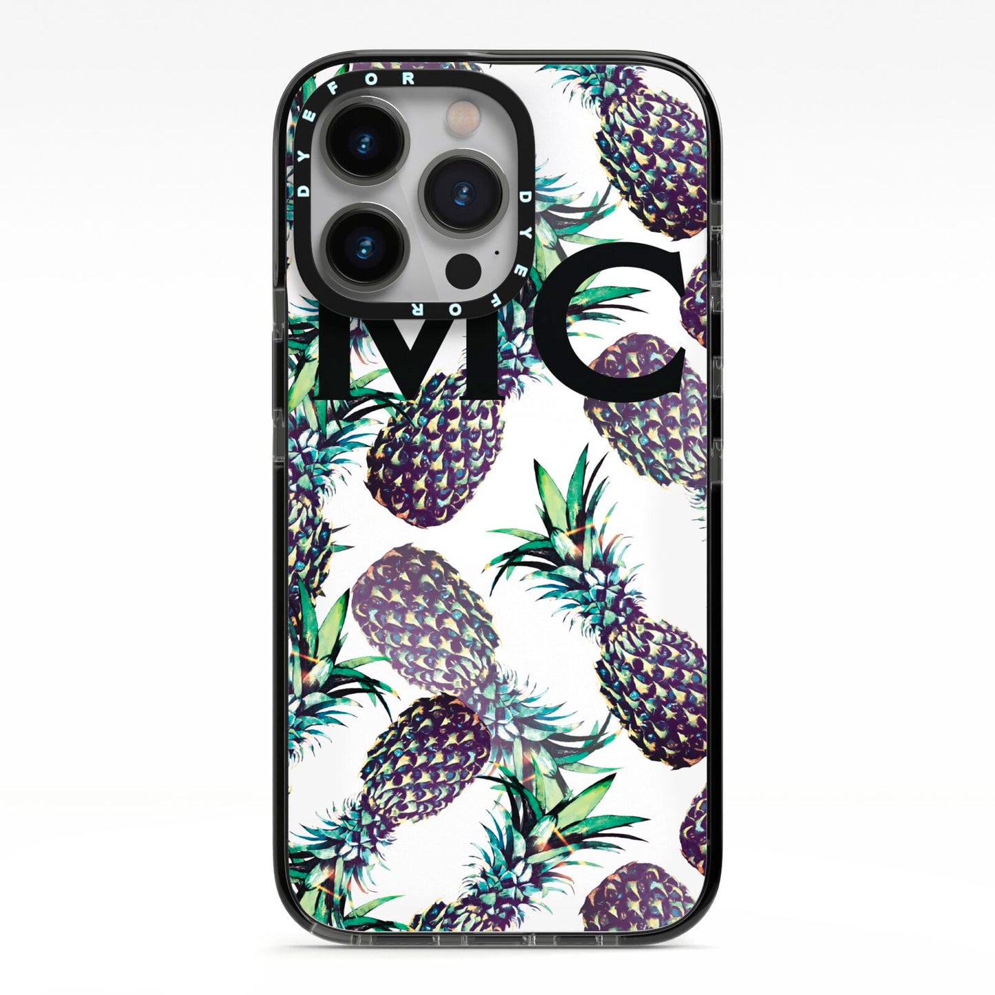 Personalised Pineapple Tropical White iPhone 13 Pro Black Impact Case on Silver phone