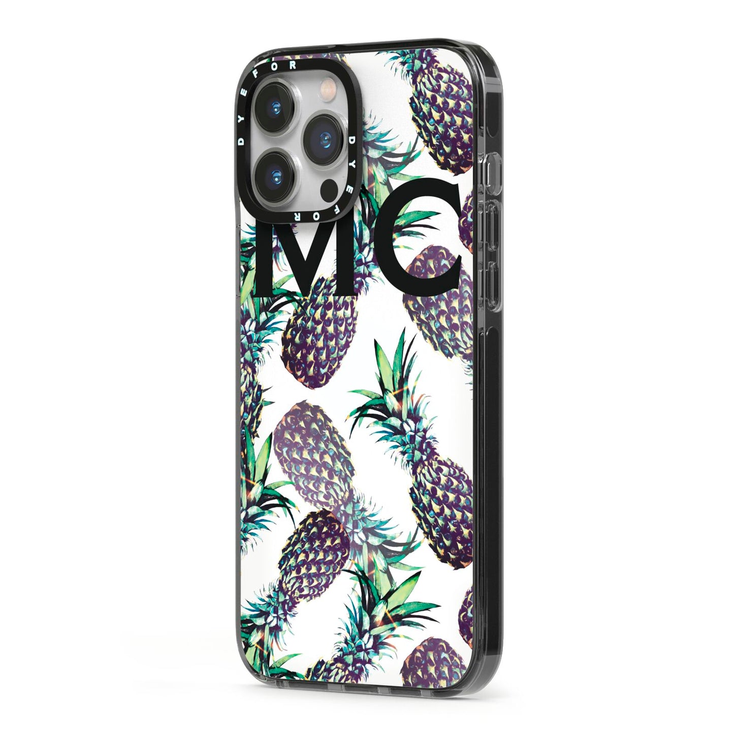 Personalised Pineapple Tropical White iPhone 13 Pro Max Black Impact Case Side Angle on Silver phone