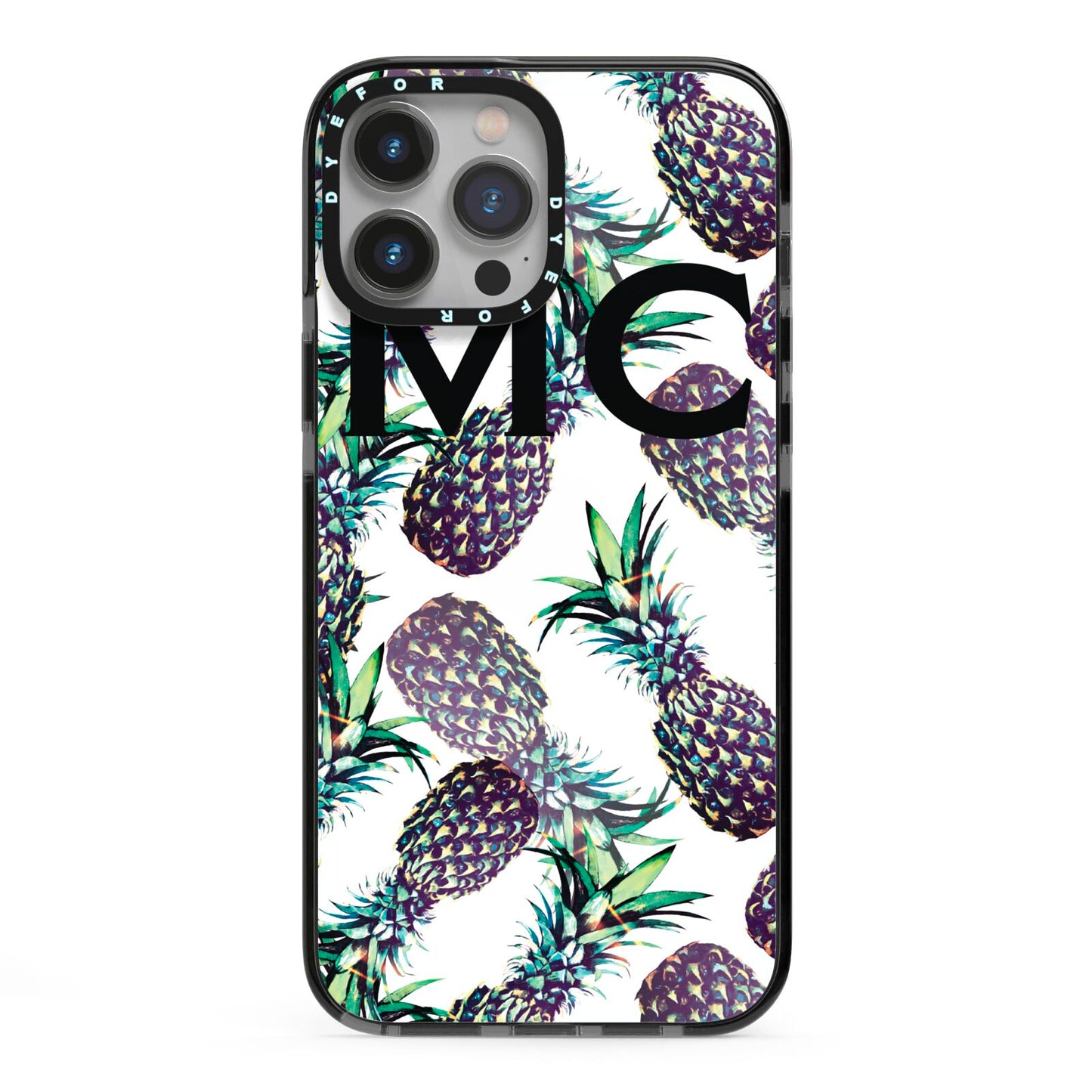 Personalised Pineapple Tropical White iPhone 13 Pro Max Black Impact Case on Silver phone