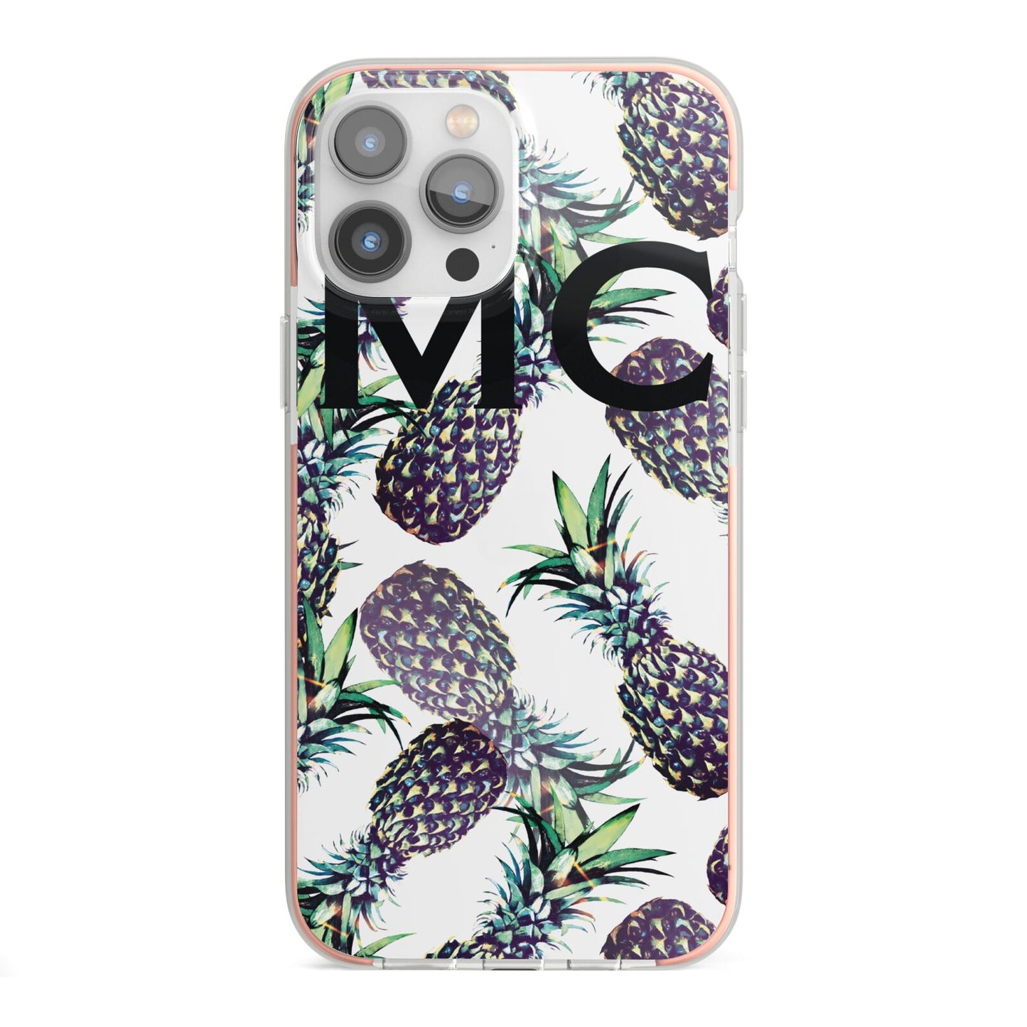 Personalised Pineapple Tropical White iPhone 13 Pro Max TPU Impact Case with Pink Edges