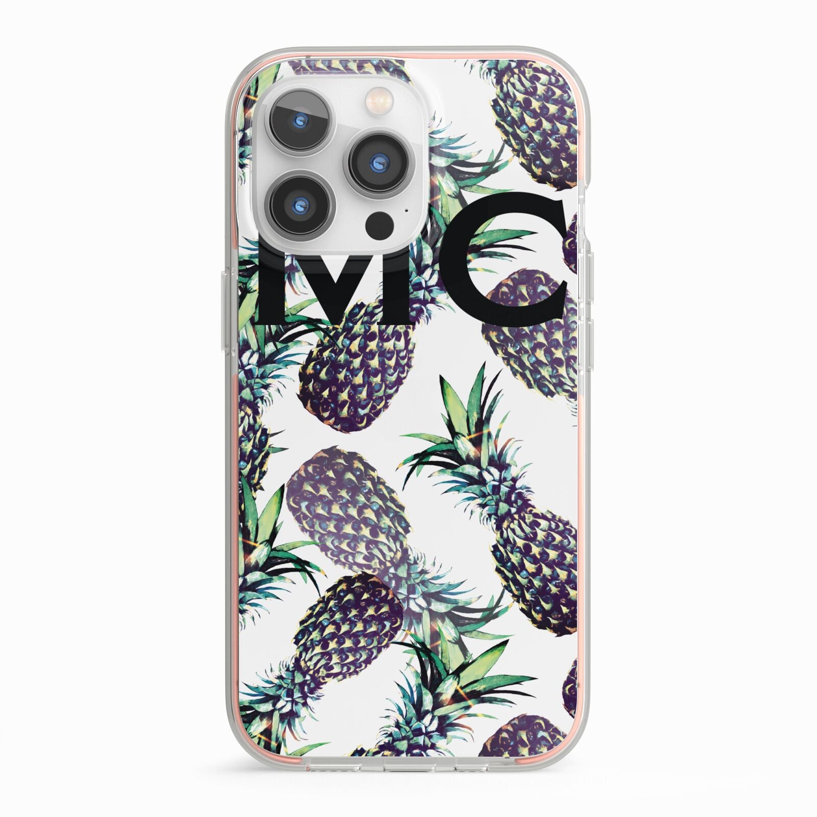 Personalised Pineapple Tropical White iPhone 13 Pro TPU Impact Case with Pink Edges