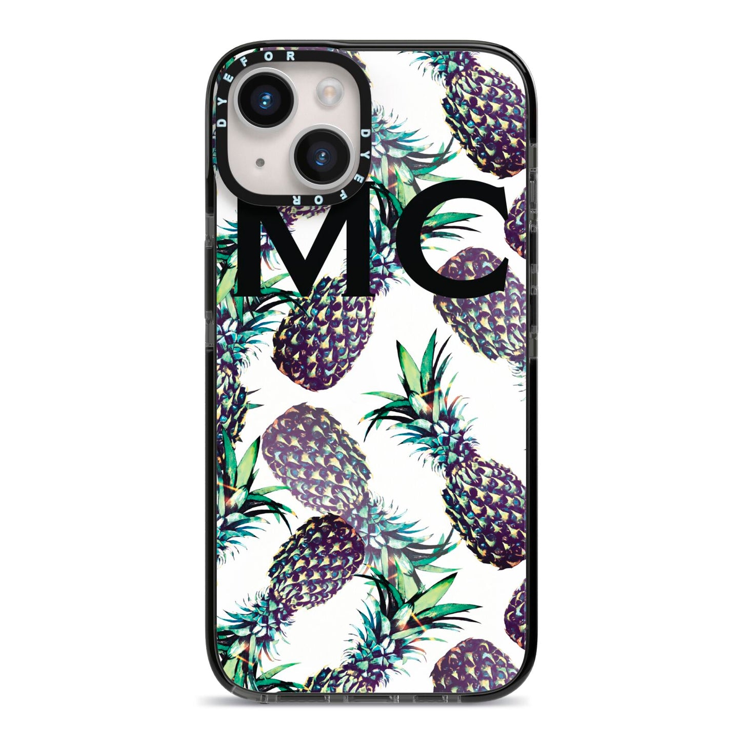 Personalised Pineapple Tropical White iPhone 14 Black Impact Case on Silver phone