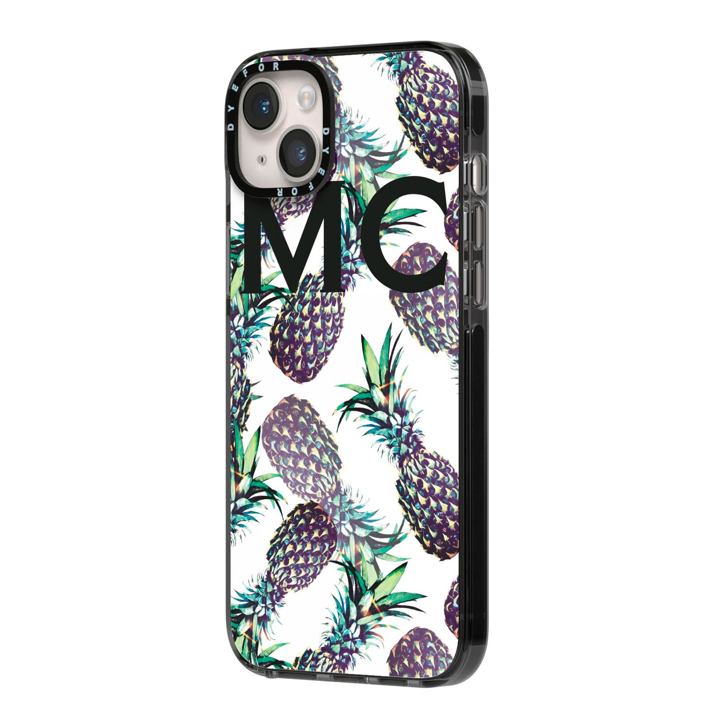 Personalised Pineapple Tropical White iPhone 14 Plus Black Impact Case Side Angle on Silver phone