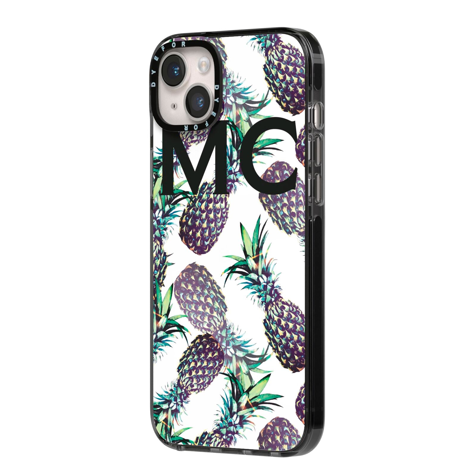 Personalised Pineapple Tropical White iPhone 14 Plus Black Impact Case Side Angle on Silver phone