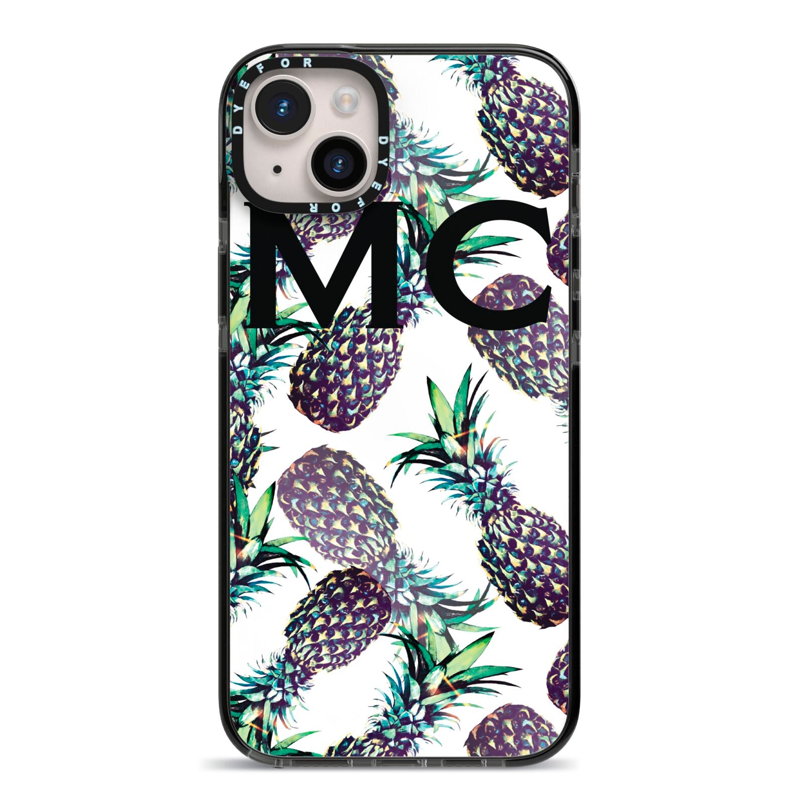 Personalised Pineapple Tropical White iPhone 14 Plus Black Impact Case on Silver phone