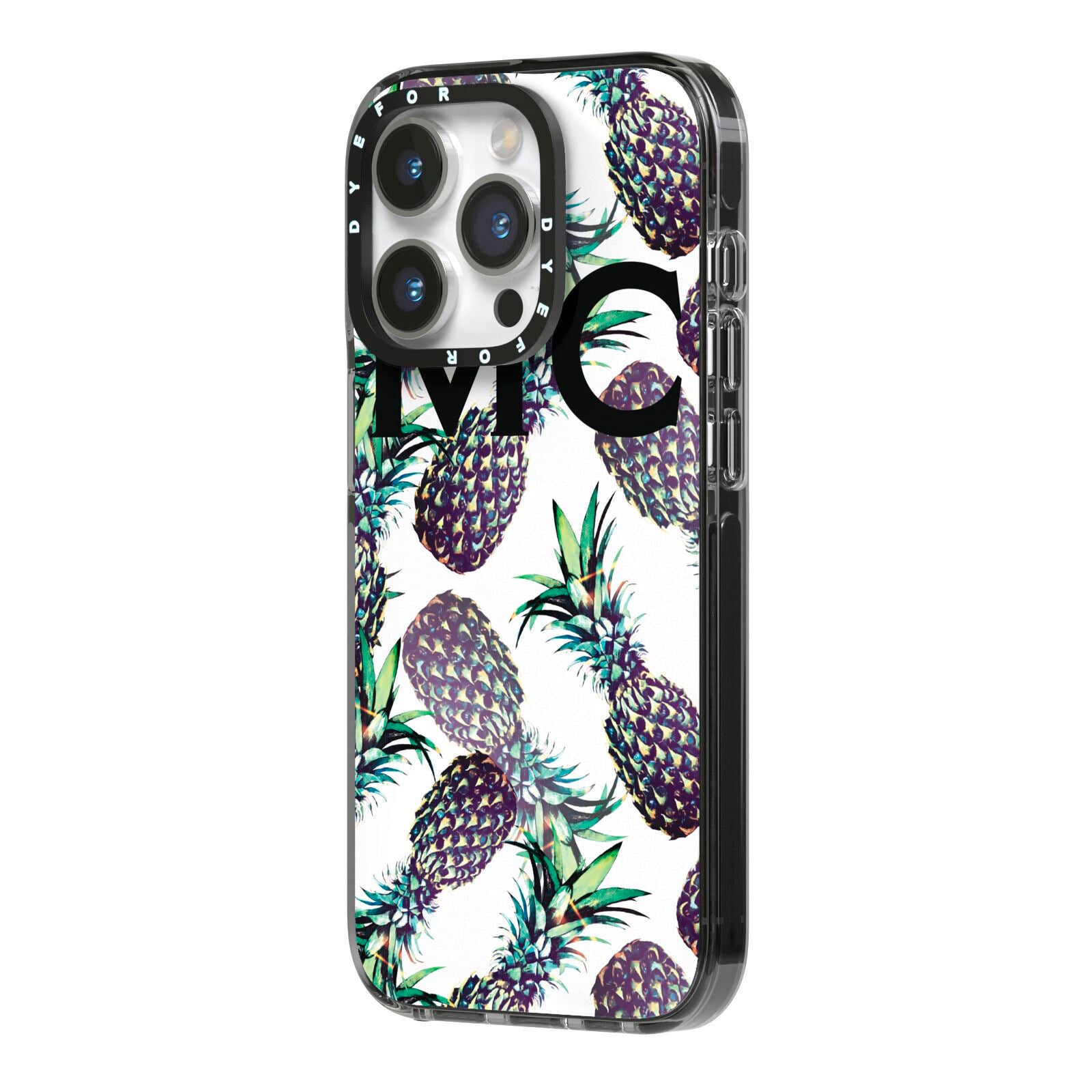 Personalised Pineapple Tropical White iPhone 14 Pro Black Impact Case Side Angle on Silver phone