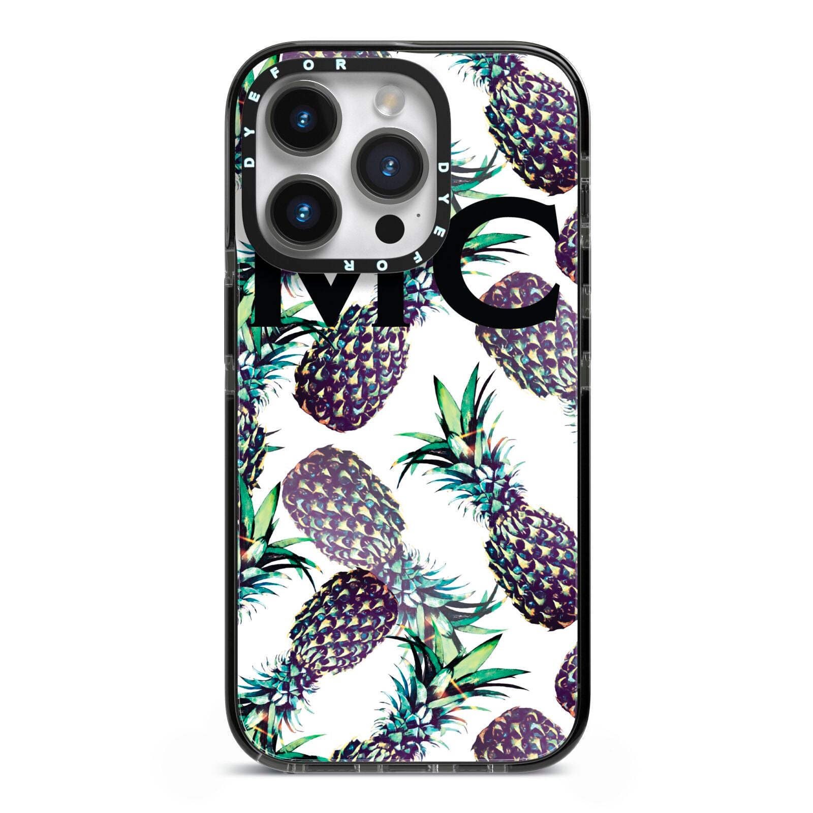 Personalised Pineapple Tropical White iPhone 14 Pro Black Impact Case on Silver phone