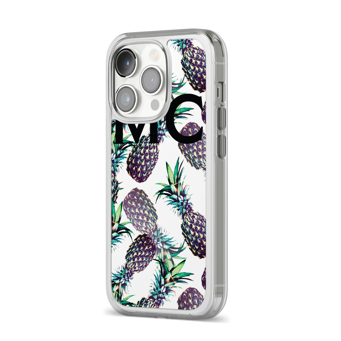 Personalised Pineapple Tropical White iPhone 14 Pro Clear Tough Case Silver Angled Image