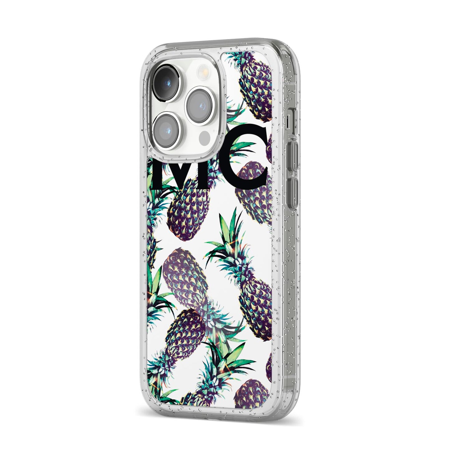 Personalised Pineapple Tropical White iPhone 14 Pro Glitter Tough Case Silver Angled Image