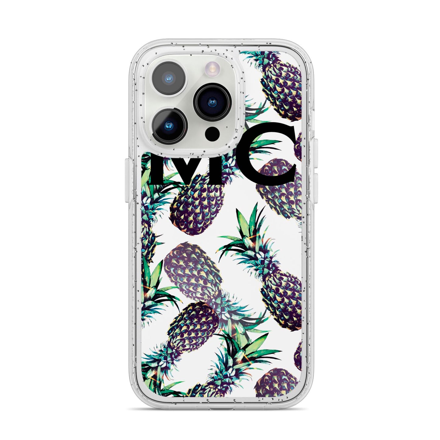 Personalised Pineapple Tropical White iPhone 14 Pro Glitter Tough Case Silver