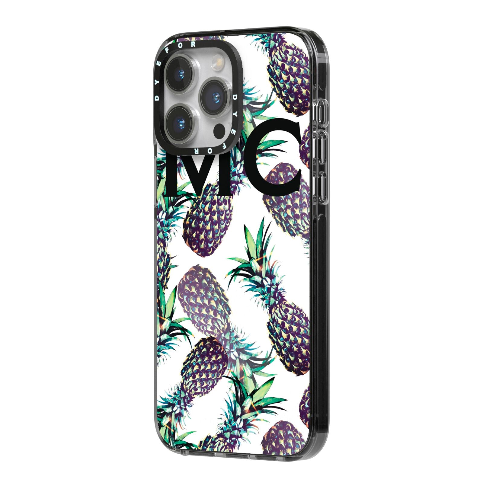 Personalised Pineapple Tropical White iPhone 14 Pro Max Black Impact Case Side Angle on Silver phone