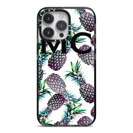 Personalised Pineapple Tropical White iPhone 14 Pro Max Black Impact Case on Silver phone