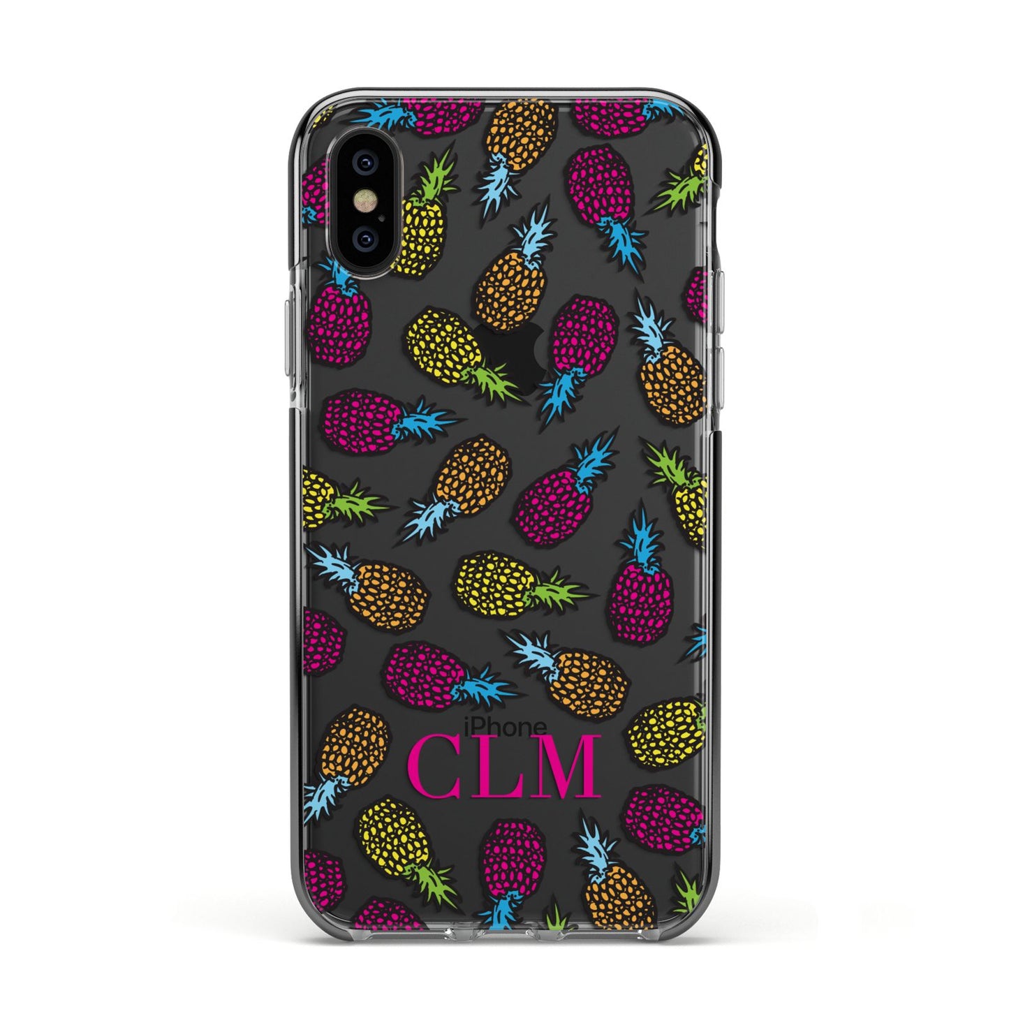 Personalised Pineapples Initials Apple iPhone Xs Impact Case Black Edge on Black Phone