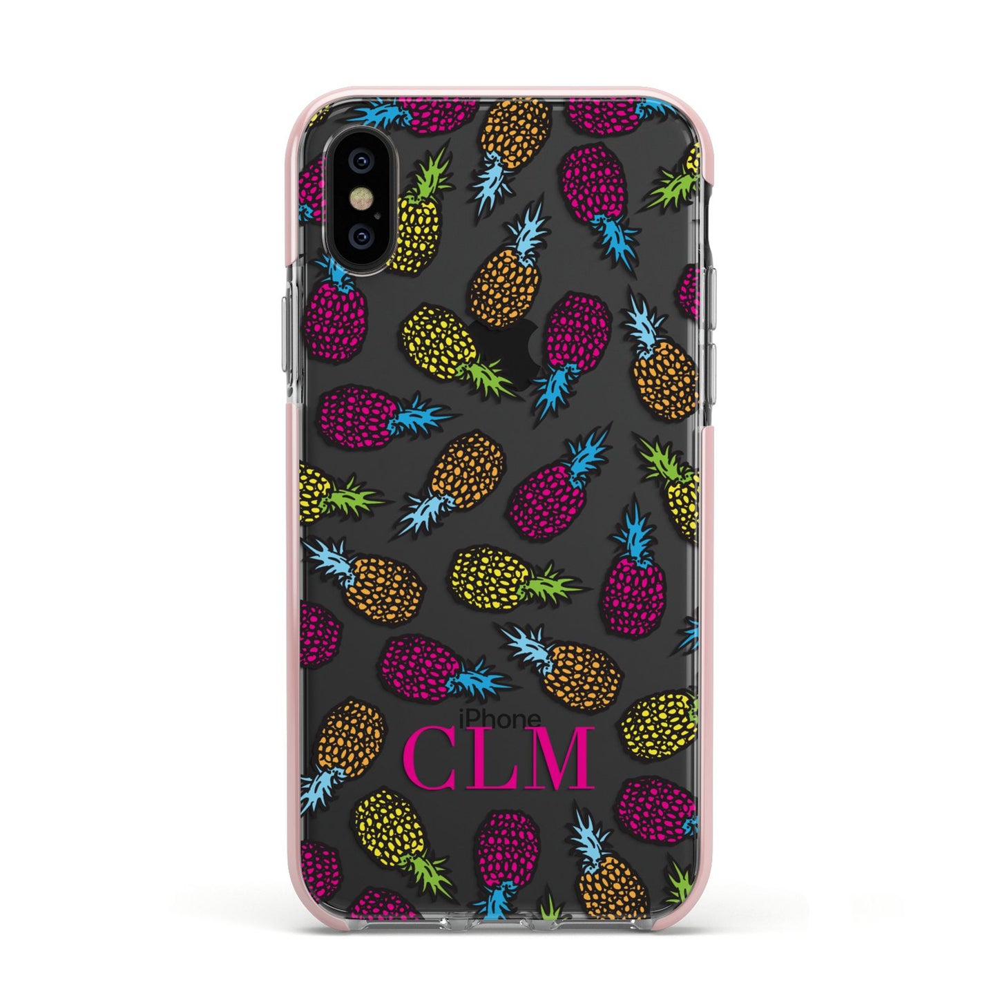 Personalised Pineapples Initials Apple iPhone Xs Impact Case Pink Edge on Black Phone