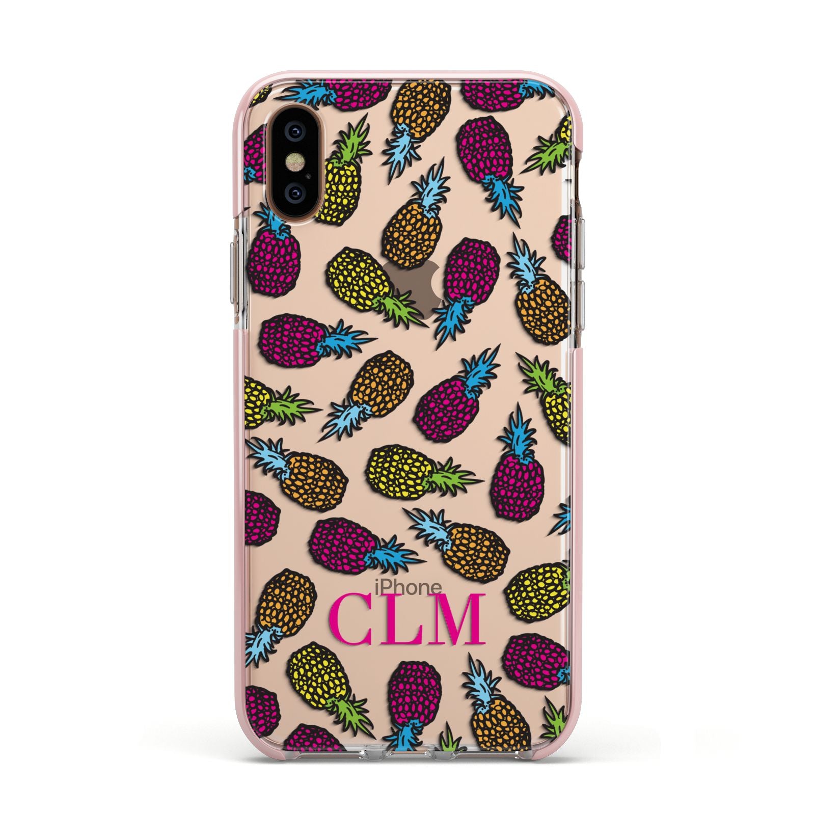 Personalised Pineapples Initials Apple iPhone Xs Impact Case Pink Edge on Gold Phone