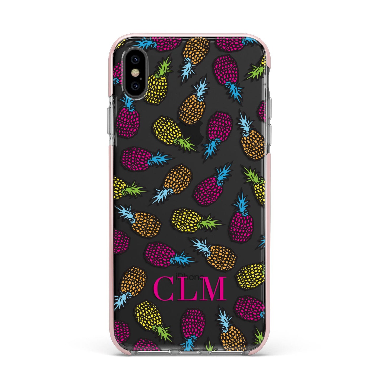 Personalised Pineapples Initials Apple iPhone Xs Max Impact Case Pink Edge on Black Phone