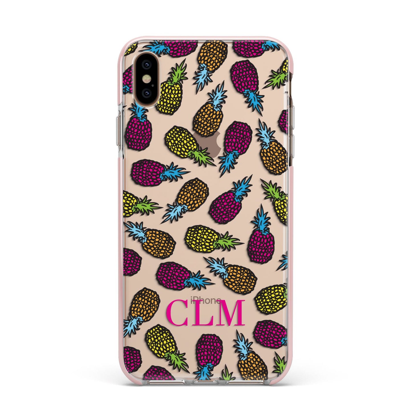 Personalised Pineapples Initials Apple iPhone Xs Max Impact Case Pink Edge on Gold Phone