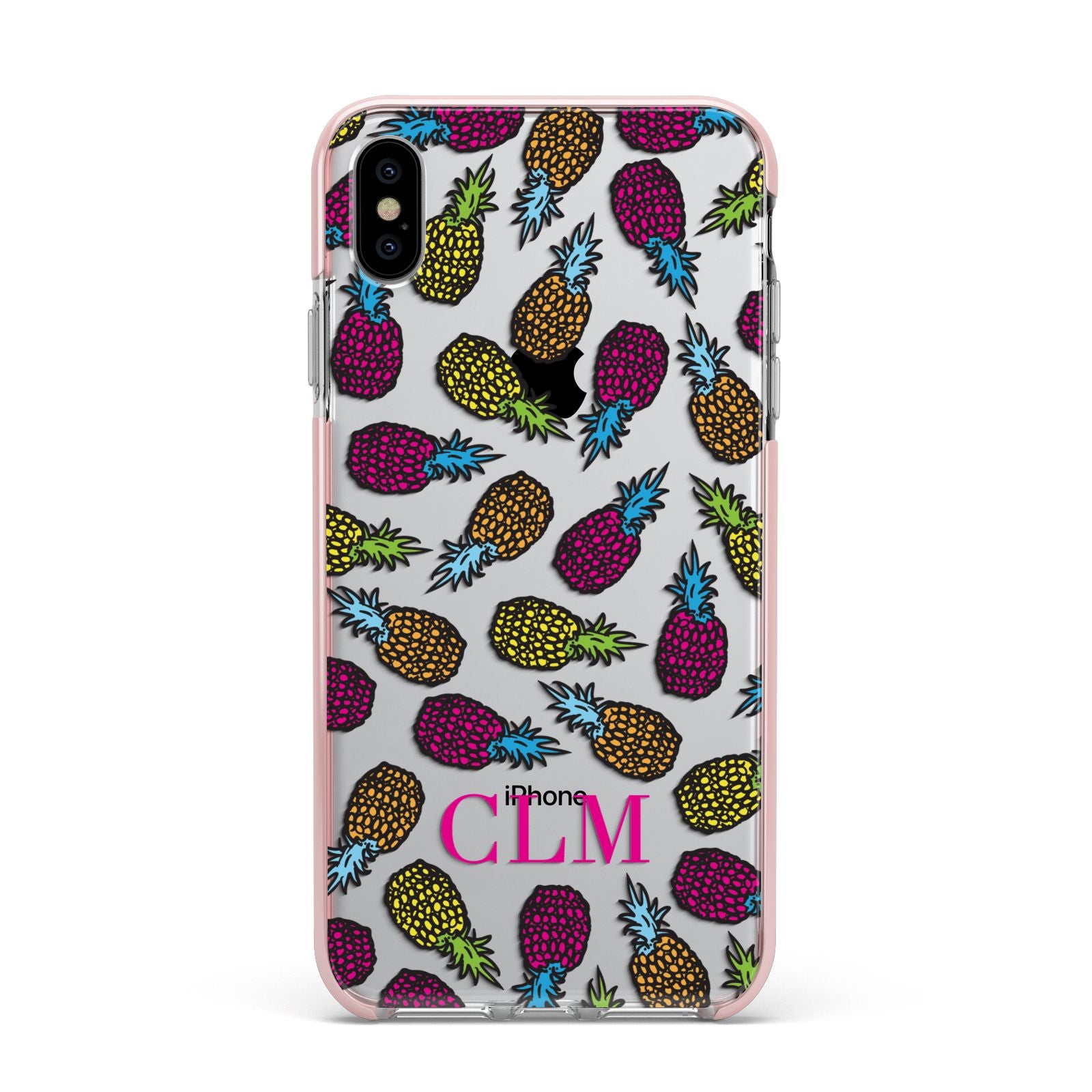 Personalised Pineapples Initials Apple iPhone Xs Max Impact Case Pink Edge on Silver Phone