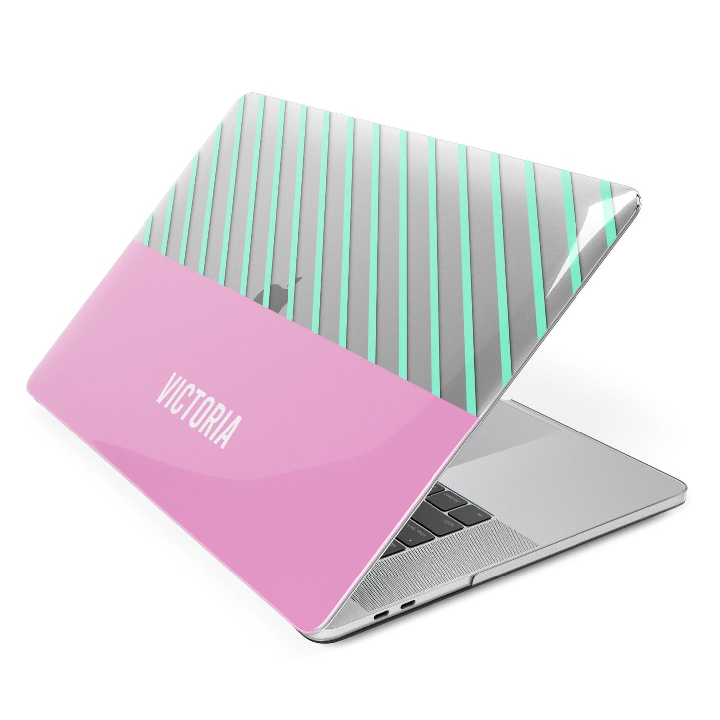 Personalised Pink Aqua Striped Apple MacBook Case Side View