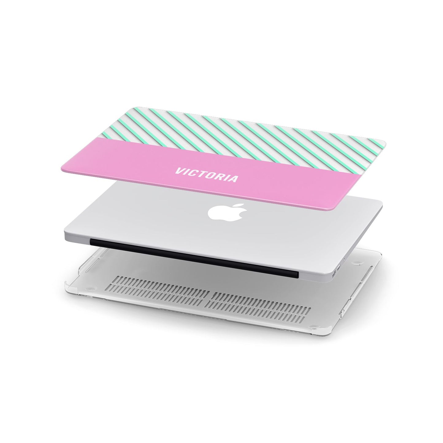 Personalised Pink Aqua Striped Apple MacBook Case in Detail