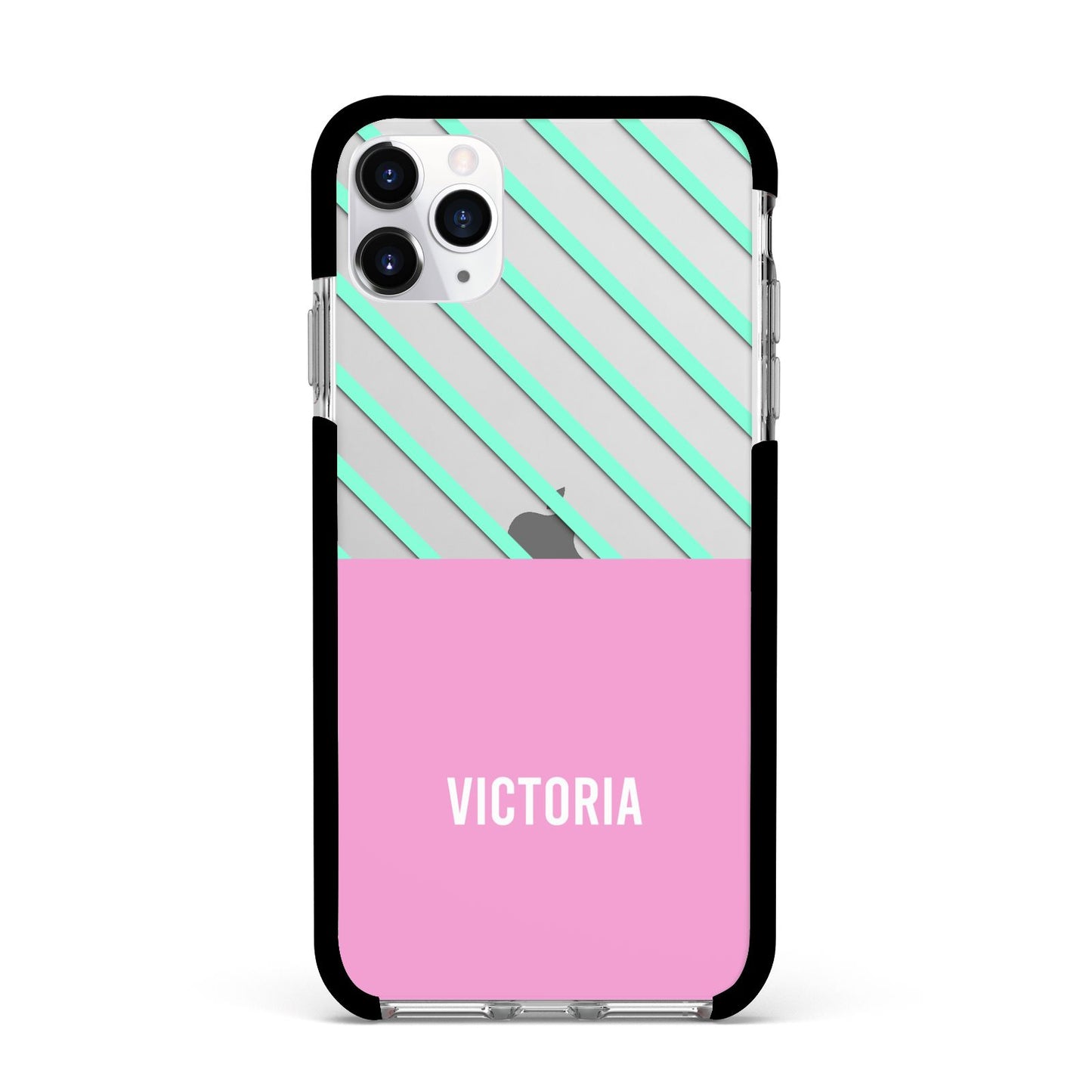 Personalised Pink Aqua Striped Apple iPhone 11 Pro Max in Silver with Black Impact Case