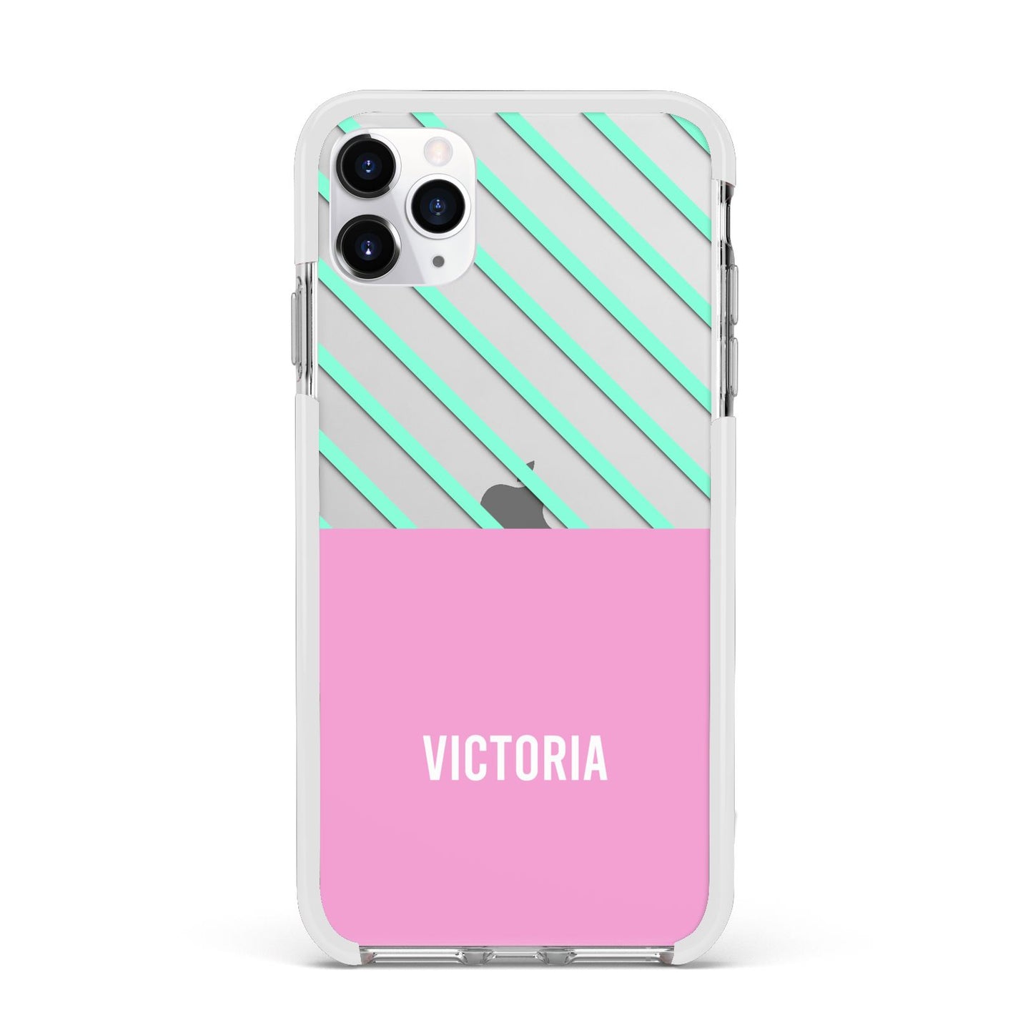 Personalised Pink Aqua Striped Apple iPhone 11 Pro Max in Silver with White Impact Case