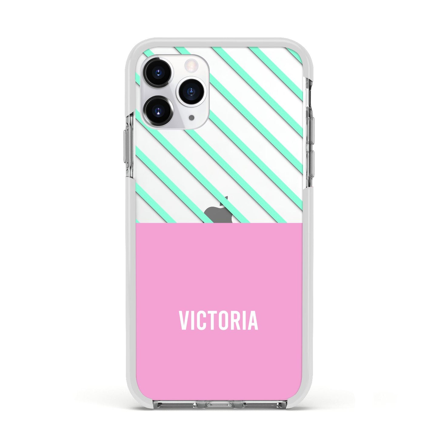 Personalised Pink Aqua Striped Apple iPhone 11 Pro in Silver with White Impact Case