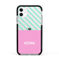 Personalised Pink Aqua Striped Apple iPhone 11 in White with Black Impact Case