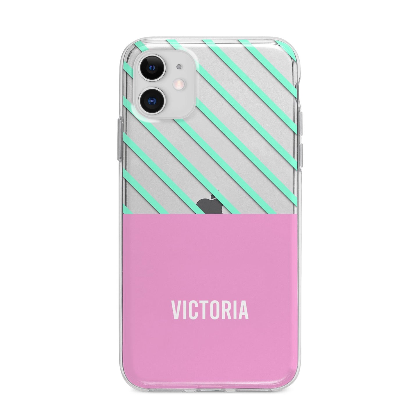 Personalised Pink Aqua Striped Apple iPhone 11 in White with Bumper Case