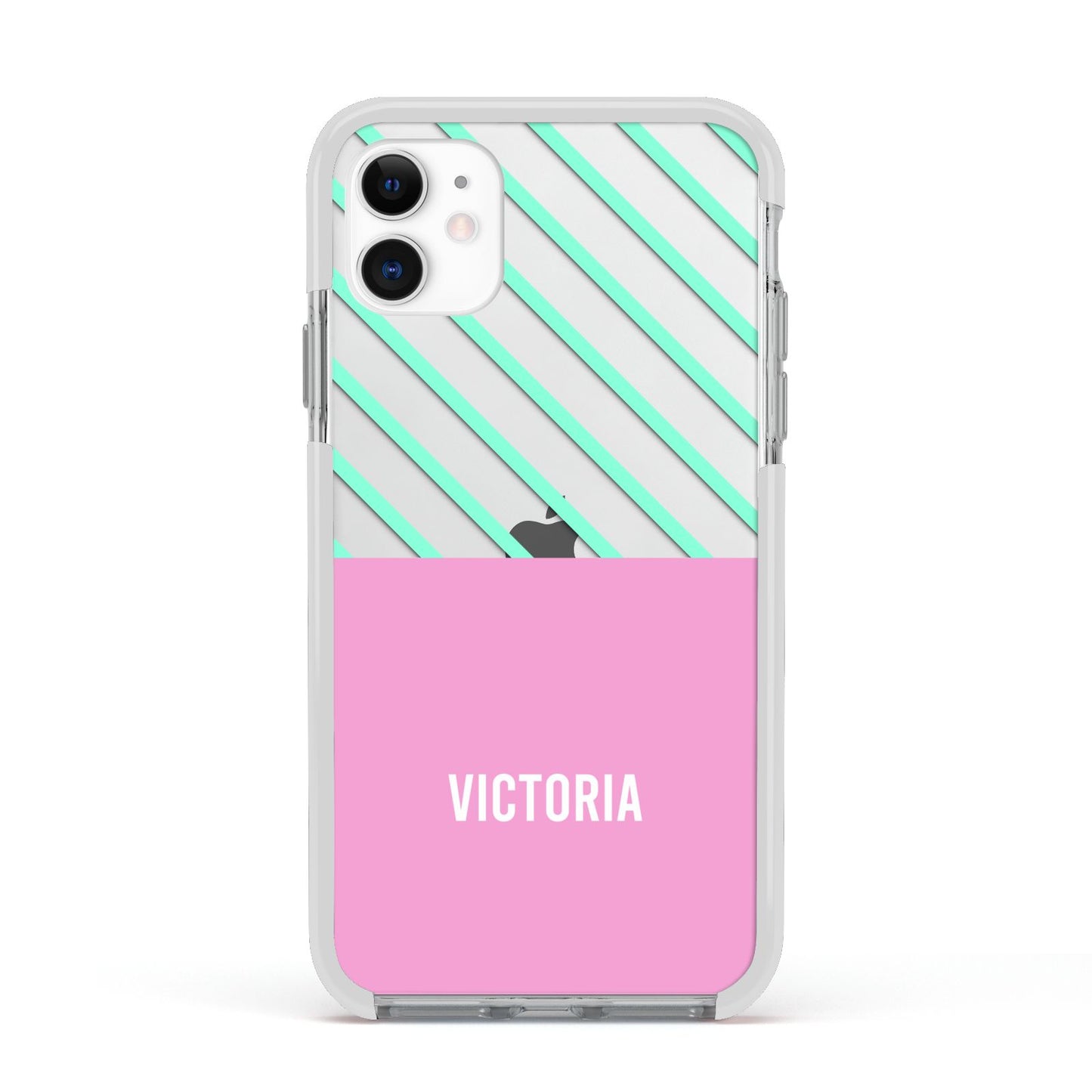 Personalised Pink Aqua Striped Apple iPhone 11 in White with White Impact Case