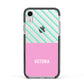 Personalised Pink Aqua Striped Apple iPhone XR Impact Case Black Edge on Silver Phone