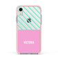 Personalised Pink Aqua Striped Apple iPhone XR Impact Case Pink Edge on Silver Phone
