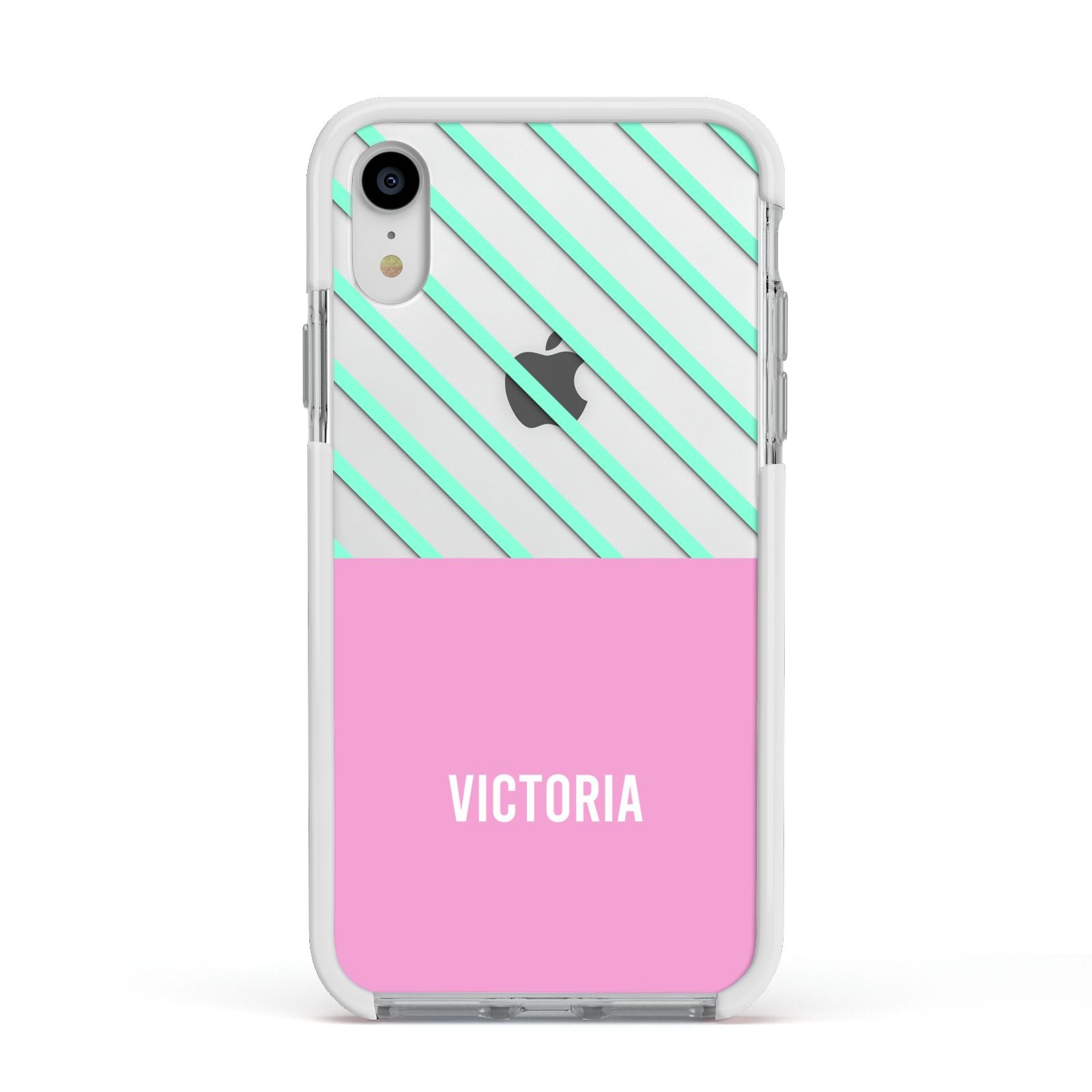 Personalised Pink Aqua Striped Apple iPhone XR Impact Case White Edge on Silver Phone