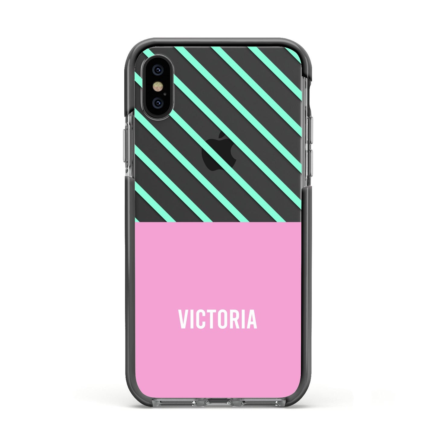 Personalised Pink Aqua Striped Apple iPhone Xs Impact Case Black Edge on Black Phone