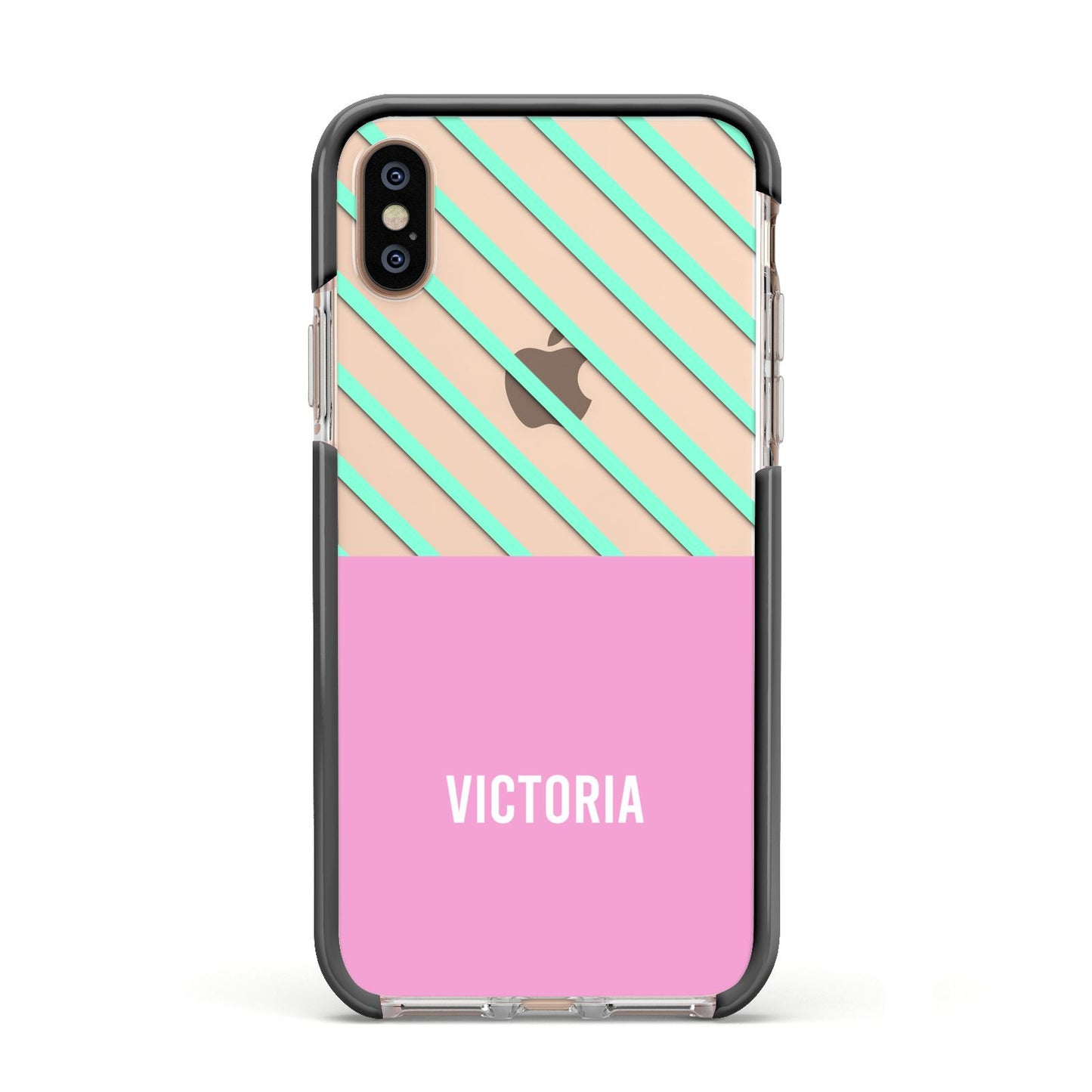 Personalised Pink Aqua Striped Apple iPhone Xs Impact Case Black Edge on Gold Phone