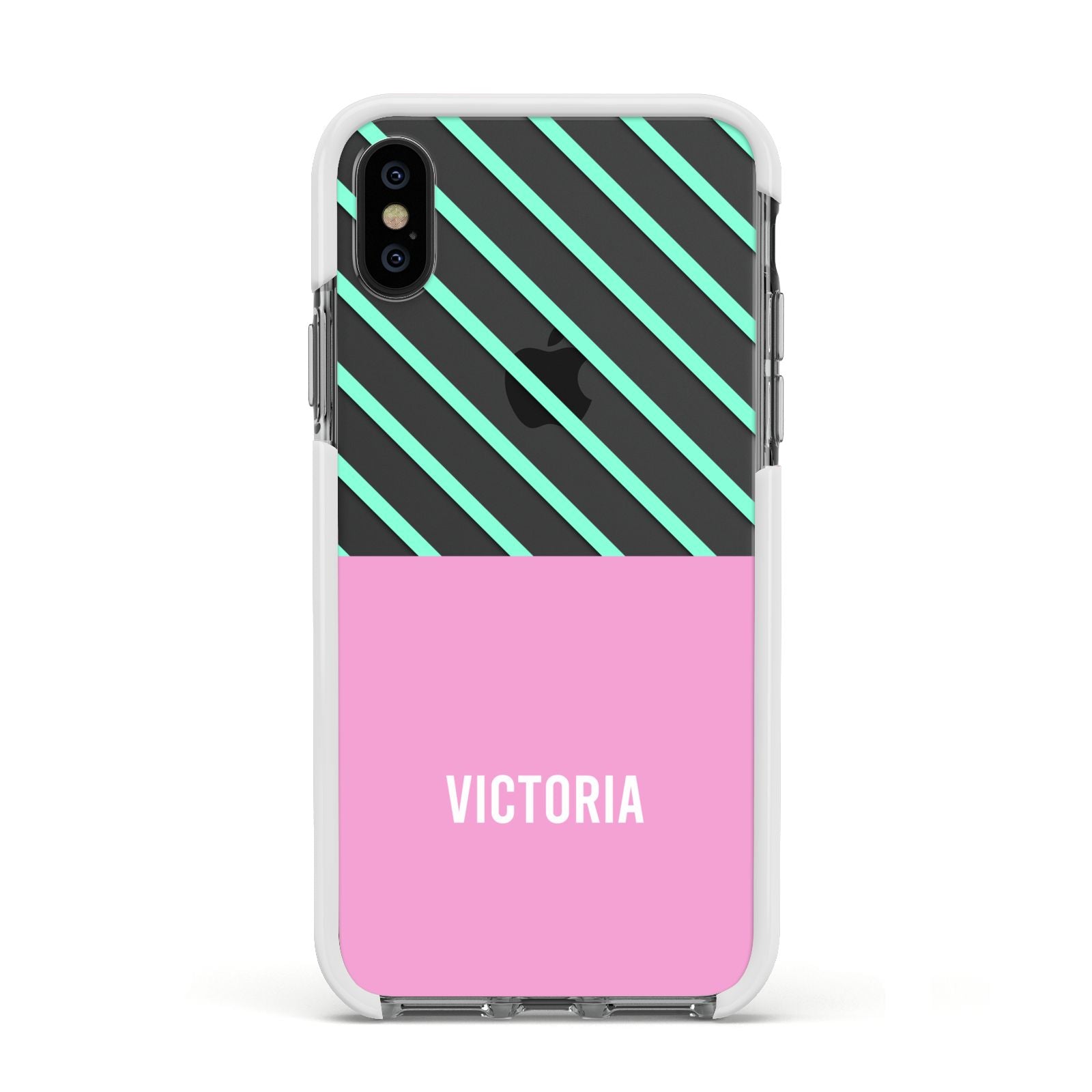 Personalised Pink Aqua Striped Apple iPhone Xs Impact Case White Edge on Black Phone