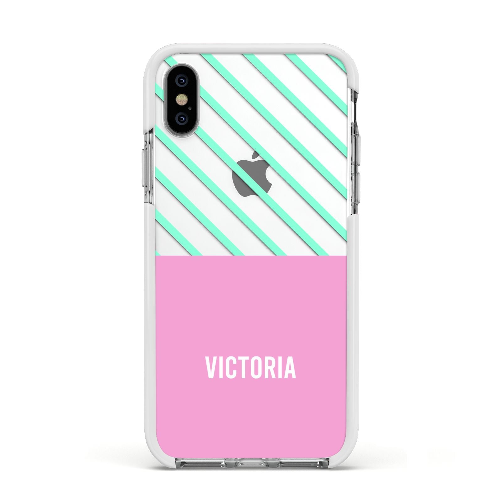 Personalised Pink Aqua Striped Apple iPhone Xs Impact Case White Edge on Silver Phone