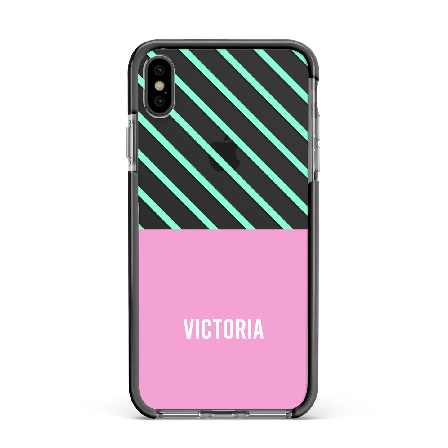 Personalised Pink Aqua Striped Apple iPhone Xs Max Impact Case Black Edge on Black Phone