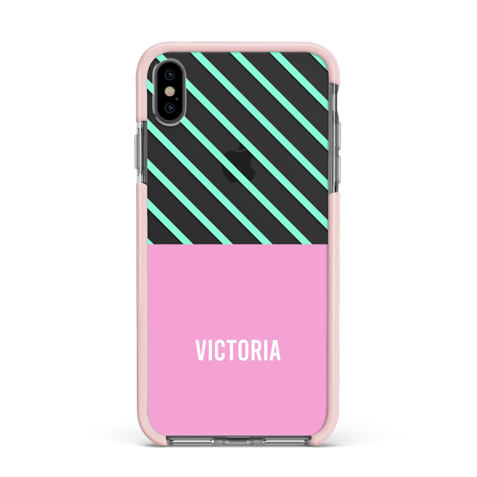 Personalised Pink Aqua Striped Apple iPhone Xs Max Impact Case Pink Edge on Black Phone