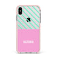 Personalised Pink Aqua Striped Apple iPhone Xs Max Impact Case Pink Edge on Silver Phone